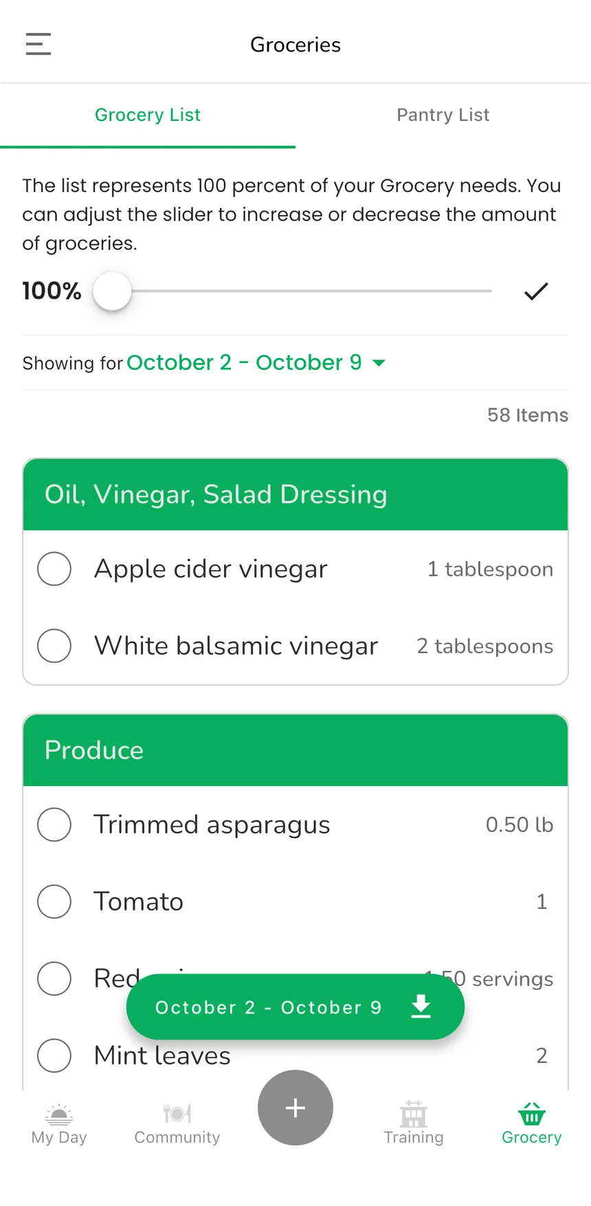 Affili-Fit grocery list screen